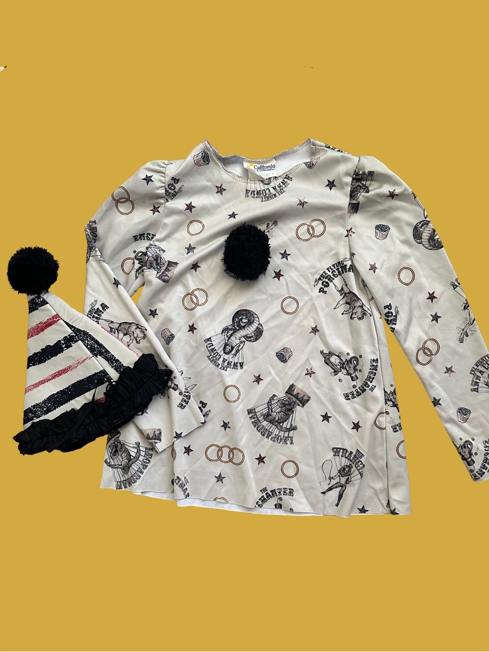 CALIFORNIA COSTUMES Clown Top & Hat Bundle Graphic Long Sleeve SIZE MEDIUM Puff
